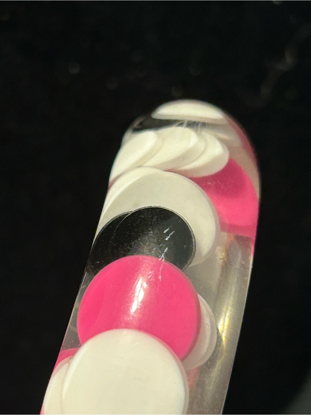 Vintage Black, White and Hot Pink Injected Pill Dot Lucite Resin Bangle Bracelet - Picture 7 of 7